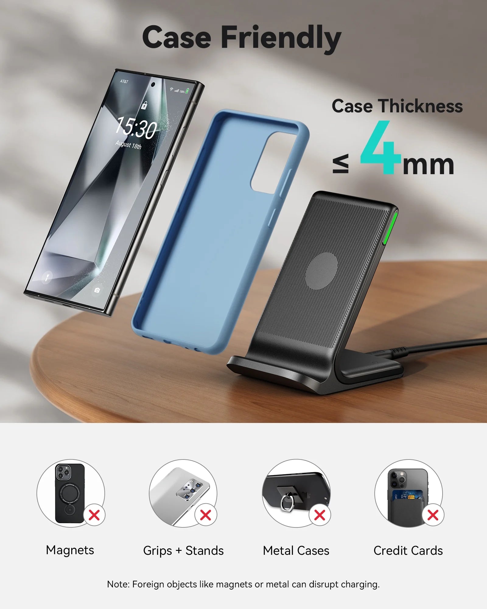 Wireless Charger, 15W Fast Charging Station with Adaptive Light for Iphone and Samsung, Black