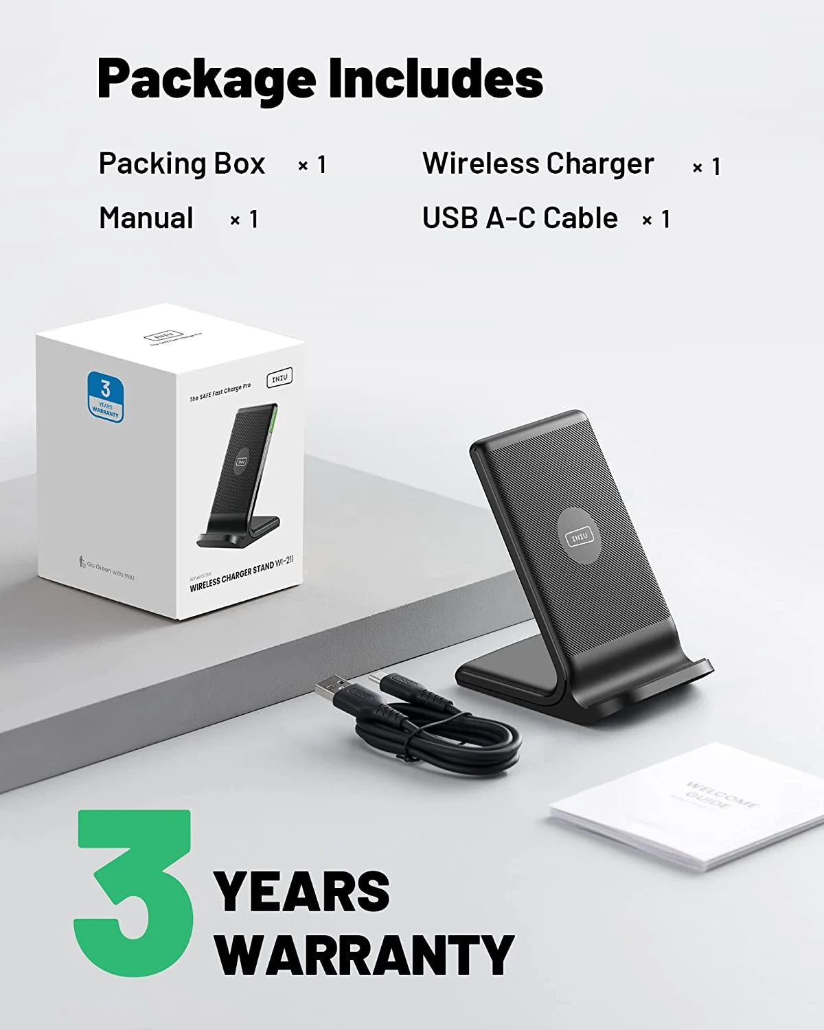Wireless Charger, 15W Fast Charging Station with Adaptive Light for Iphone and Samsung, Black