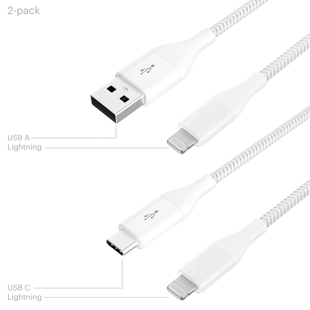 Lightning to USB-C & USB-A (2 Pack), 6Ft, Charging & Data Sync Cables, MFI Certified, Braided, White