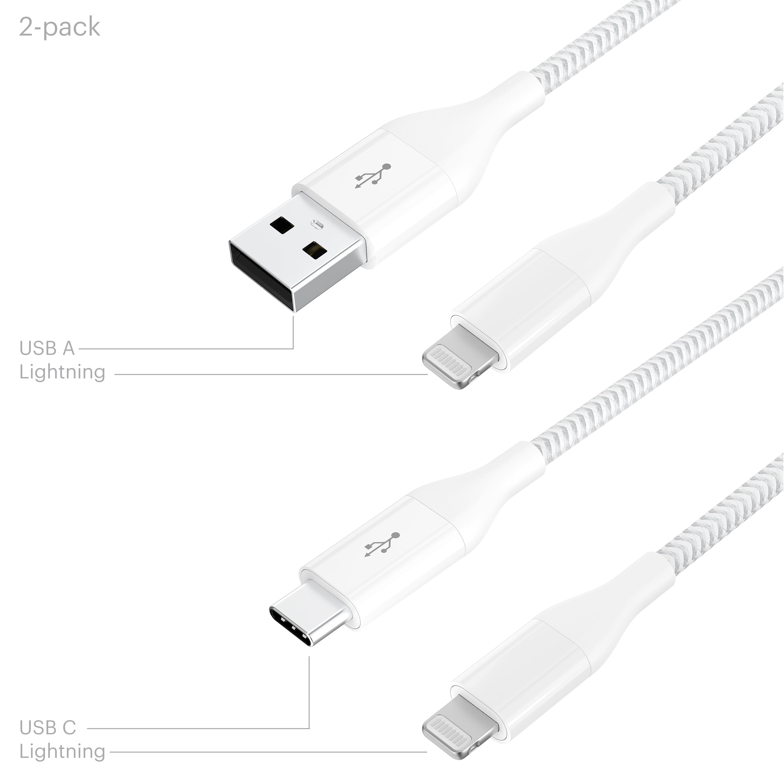 Lightning to USB-C & USB-A (2 Pack), 6Ft, Charging & Data Sync Cables, MFI Certified, Braided, White