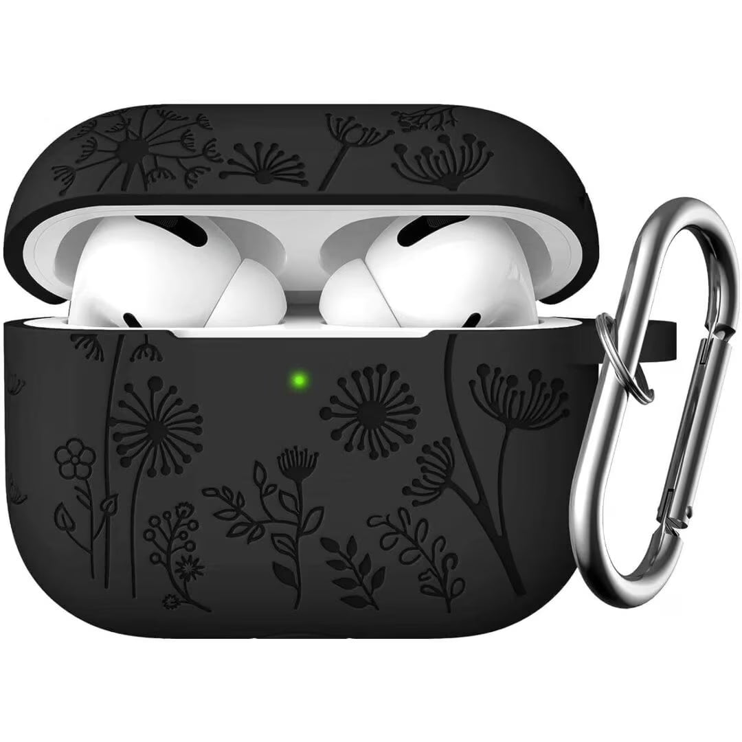 for Airpods Pro 2 Case, Flower Engraved Silicone Protective Case for Apple Airpod Pro 2Nd/1St Generation Case with Keychain for Women Men, Black