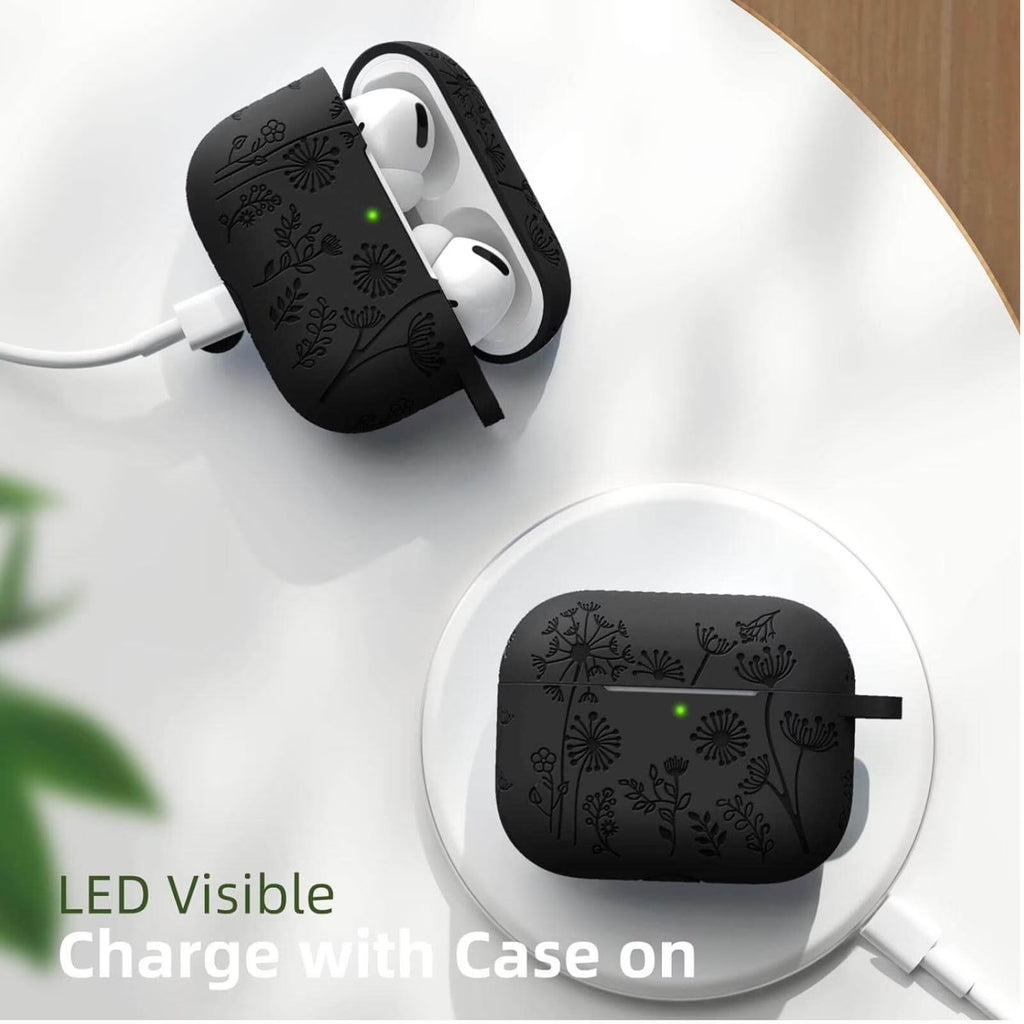 for Airpods Pro 2 Case, Flower Engraved Silicone Protective Case for Apple Airpod Pro 2Nd/1St Generation Case with Keychain for Women Men, Black