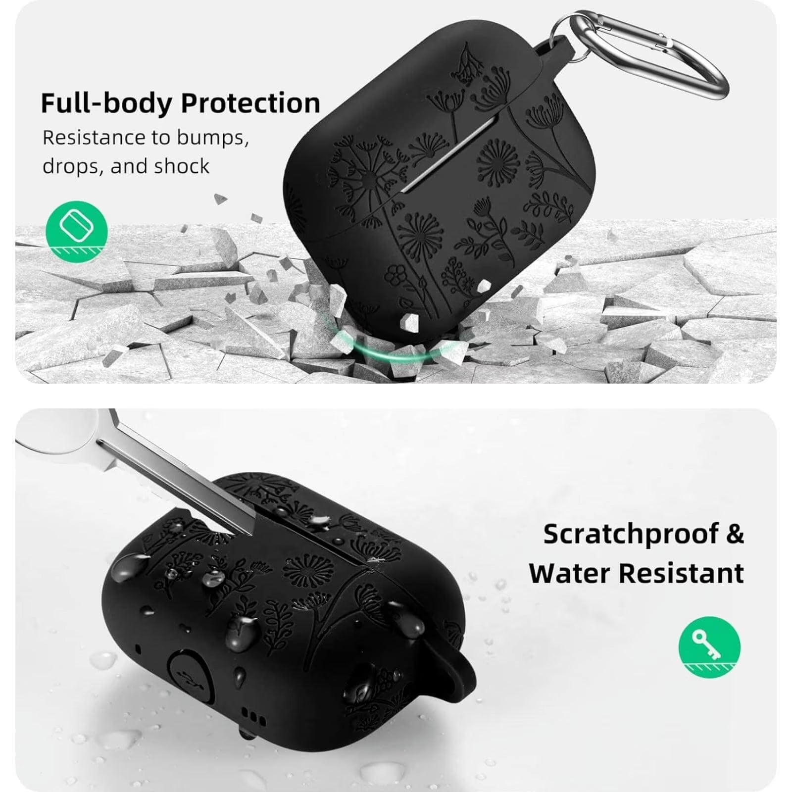 for Airpods Pro 2 Case, Flower Engraved Silicone Protective Case for Apple Airpod Pro 2Nd/1St Generation Case with Keychain for Women Men, Black