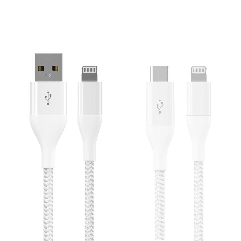 Lightning to USB-C & USB-A (2 Pack), 6Ft, Charging & Data Sync Cables, MFI Certified, Braided, White