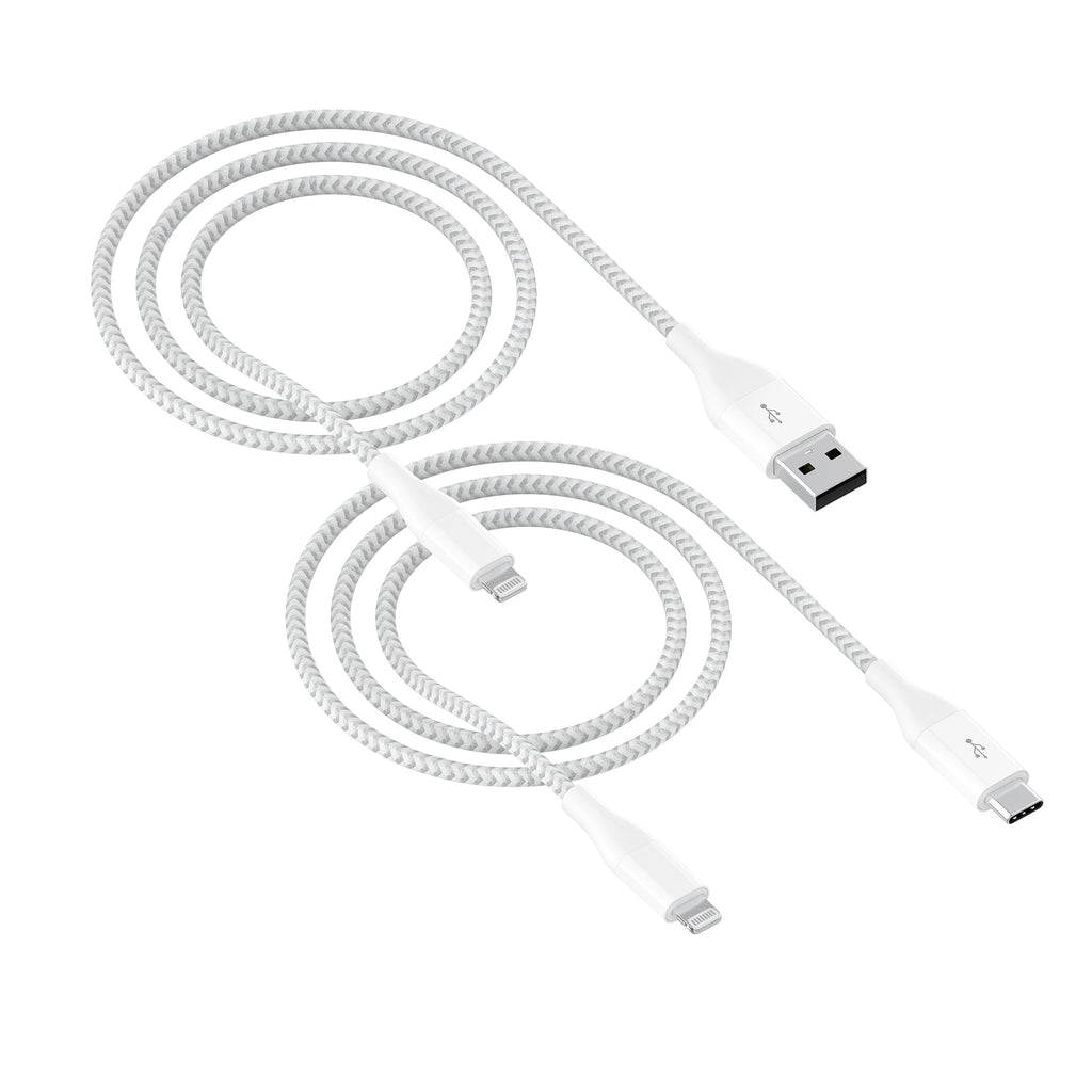 Lightning to USB-C & USB-A (2 Pack), 6Ft, Charging & Data Sync Cables, MFI Certified, Braided, White