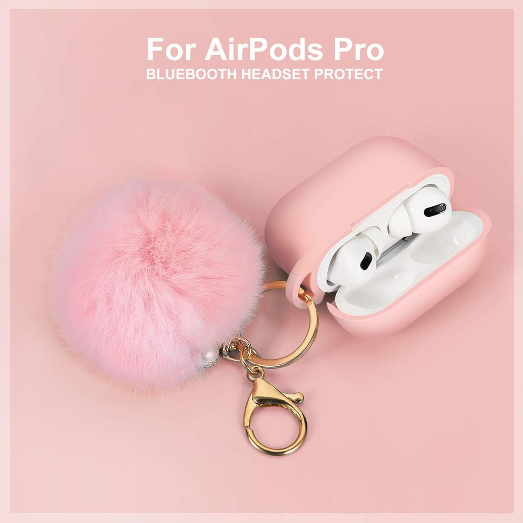 Protective Case Cover for Airpods Pro Charging Case, Upgraded Air Pods Silicone Case Skin with Soft Cute Ball Pom Pom Keychain Kit (A, Pink)