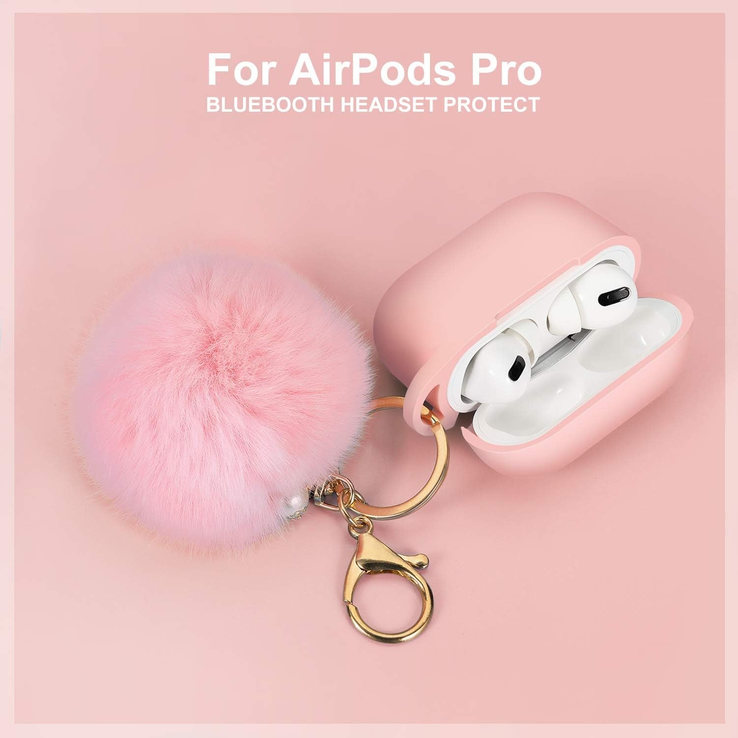 Protective Case Cover for Airpods Pro Charging Case, Upgraded Air Pods Silicone Case Skin with Soft Cute Ball Pom Pom Keychain Kit (A, Pink)