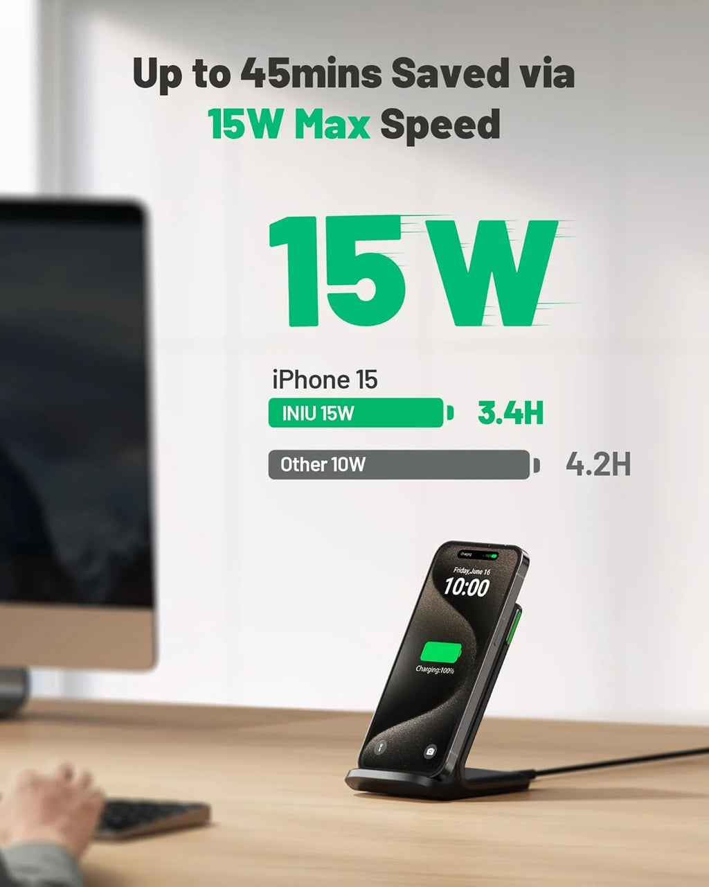 Wireless Charger, 15W Fast Charging Station with Adaptive Light for Iphone and Samsung, Black