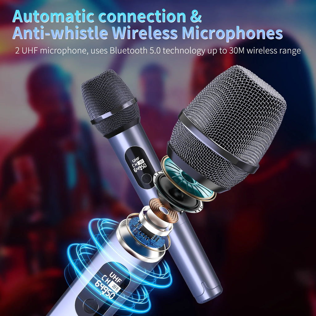 Bluetooth Speaker, Portable Party Speaker with 2 Microphones, DJ Lights for Outdoor and Home